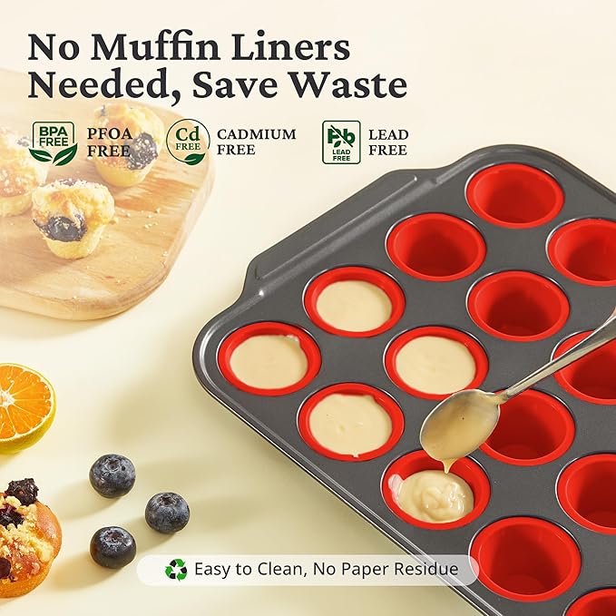 Silicone Mini Muffin Pan with Metal Frame, Egg Bite Molds for Baking for Baking, Cupcake Pans 24 Regular Size, Muffin Tins Easy to Pop Nonstick Non Toxic Bakeware for Oven,Red