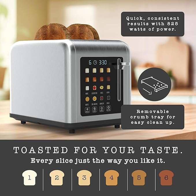 Rae Dunn 2 Slice Smart Toaster, Digital Display, Wide Slots, 8 Browning Levels, 6 Bread Types, 4 Functions (Defrost, Reheat, Cancel, Add Time), 825W Stainless Steel