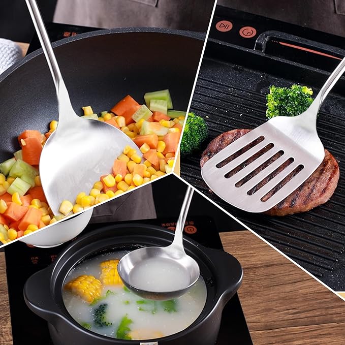 FJNATINH Cooking Utensils - Spatula, Ladle, Skimmer Spoon, Slotted Spatula - 4 Pieces Stainless Steel Wok Utensils Set for Carbon Steel