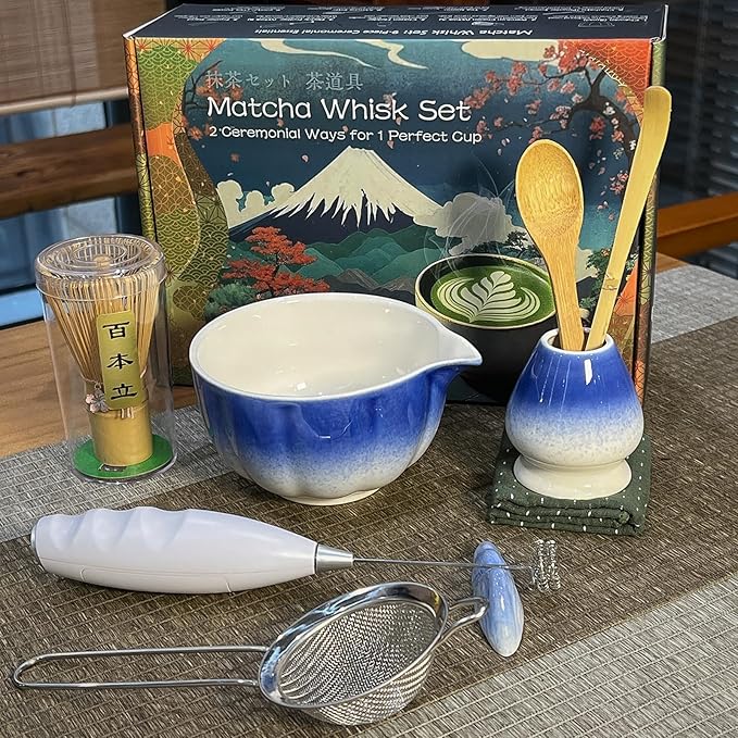 Matcha Whisk Set Incl. Ceramic Bowl With Spout, Whisk (Chasen), Stand, Bamboo Scoop, Sifter, Electric Frother, Tea Towel etc. 9 Pcs Matcha Making Starter Kit, Blue&White