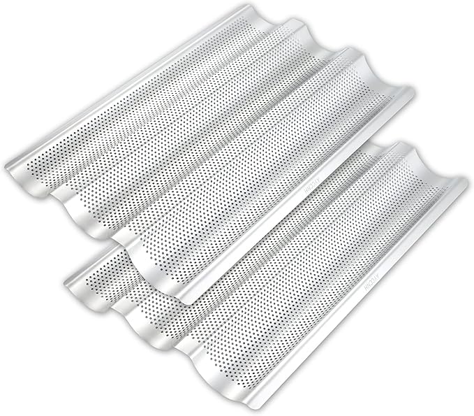 2 Pack Stainless Steel French Baguette Bread Pan, Perforated Loaf Pans for Baking 15"x10", 3 Waves Toaster Oven Baking Tray