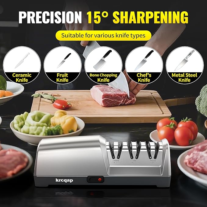 Knife Sharpener Electric for Kitchen - Kitchen Knife Sharpener 3-Stage - 15-Degree EdgeSelect Angle - Knife Sharpeners 100% Diamond Abrasive - Fast Sharpening, Repair, Restore, Polish.