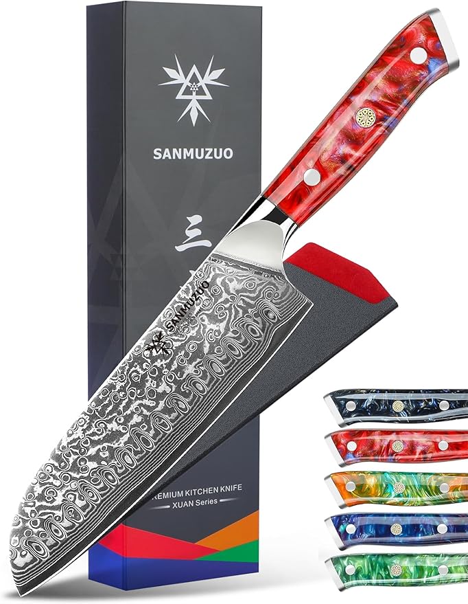 Santoku Knife - 7 inch - Xuan Series - VG10 Damascus Steel Kitchen Knife - Resin Handle (Sunset Red)