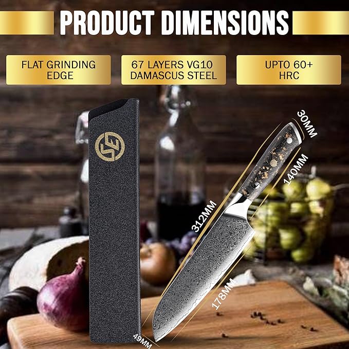 SliceElite Elite Series 7 Inch Santoku Knife VG10 Damascus Steel Forged Carbon Fiber Handle Dual Protection Cutting Kitchen Tool Sharp Vegetable Meat Chopping BBQ Chef Slicing Cleaver Camping Butcher