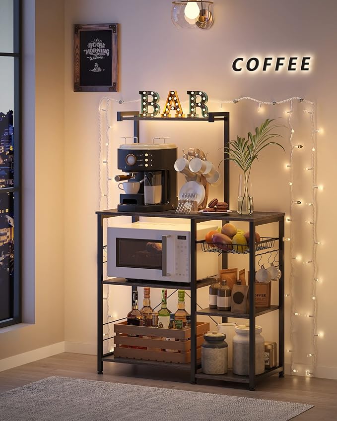 VASAGLE Baker's Rack, Microwave Stand, Kitchen Storage Rack with Wire Basket, 6 Hooks, and Shelves, for Spices, Pots, and Pans, Charcoal Gray and Ink Black UKKS035B04