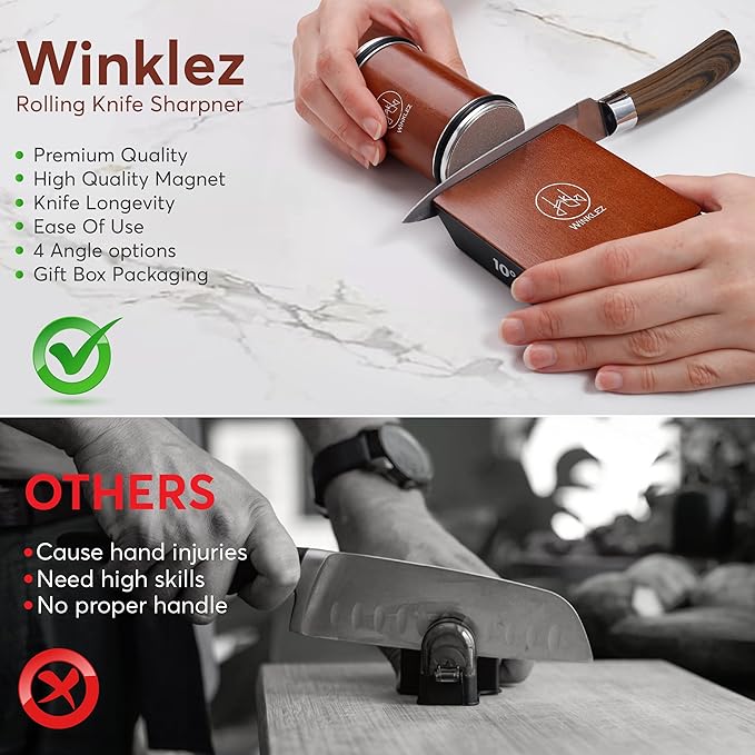 Rolling Knife Sharpener with Diamond and Ceramic Discs, Adjustable Kitchen Knife Sharpenier with 10°, 12°, 17° & 25° Magnetic Angles, Strong and Durable Knife Sharpener (Brown)