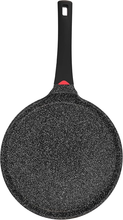Non Stick 11 Inch Granite Coated Crepe Pan - Lightweight 4.27 Quart Dosa Pan with Comfort Stay Cool Grip Handle - Induction Compatible PFOA Free Tortilla Cookware (Black)