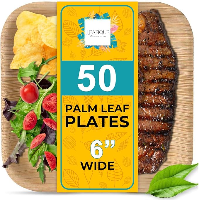 100% Natural 6” Palm Leaf Square Plate (50-pack), Compostable & Biodegradable Dinnerware for Catering, Birthdays, Halloween, BBQs, Thanksgiving, Alternative to Paper & Bamboo Plates Disposable