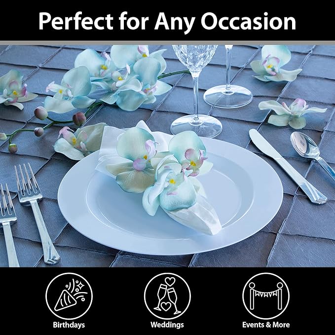 Lillian Tablesettings Premium Quality 10.25 inch Heavyweight Plastic Plates China Like, Wedding and Party Dinnerware Plastic Plates, White Pearl - Value Pack 120 Count