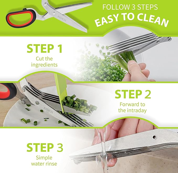 Herb Scissors with 5 Blades & Cleaning Kit, Stainless Steel Kitchen Shears for Herbs, Lettuce, Cilantro, Dishwasher Safe, Soft-Grip Handle