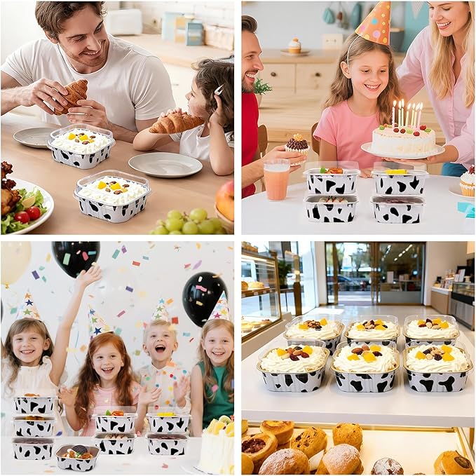 FORBFAN 150 Pcs Mini Square Baking Cups with Lids, 10 oz Mini Aluminum Cake Pans with Spoons, Small Baking Tins Cow Print