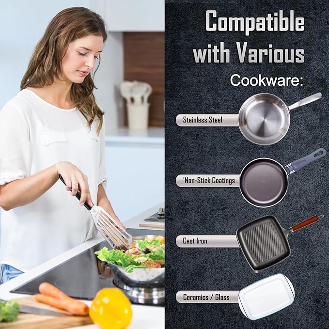 2 Pack Fish Spatula Stainless Steel, Flexible Fish Turner Spatula Perfect for Flipping Eggs, Burgers and Baking, Durable Lightweight Metal Kitchen Slotted Turner for Cooking & BBQ [Wooden Handle]
