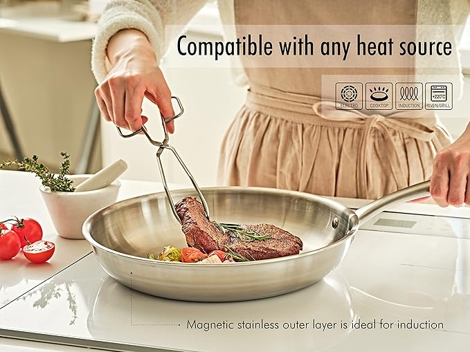 5-ply Stainless Steel Frying Pan 8inch, Full 5-Ply Clad Construction Professional Grade Pan, Brushed Finish, Induction Cooking Pan, Oven Safe, Dishwasher Safe