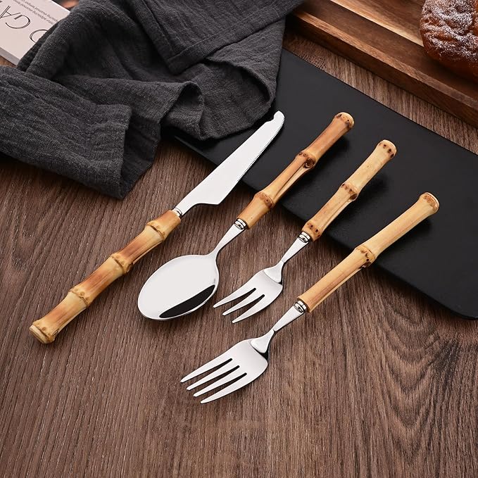 Dinner Knife Set with Bamboo Handle, 8-Piece Stainless Steel Shiny Silver Dinner Knives, Creative Design Table Knives for Home Restaurant, 8.74 inch, Handcrafted