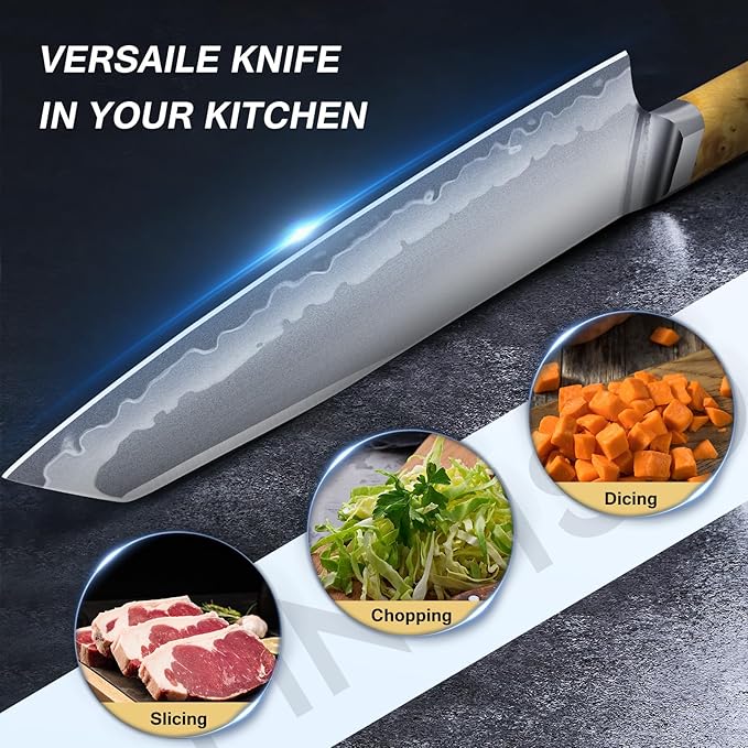 FINTISO Chef Knife 8 inch Kitchen Knife in S35VN Powder Steel Core Japanese Chef Knife, 7-Layers Clad Steel Cooking Knife Super Sharp Knife for Kitchen with Celestial Resin & Wood Handle Gift Box