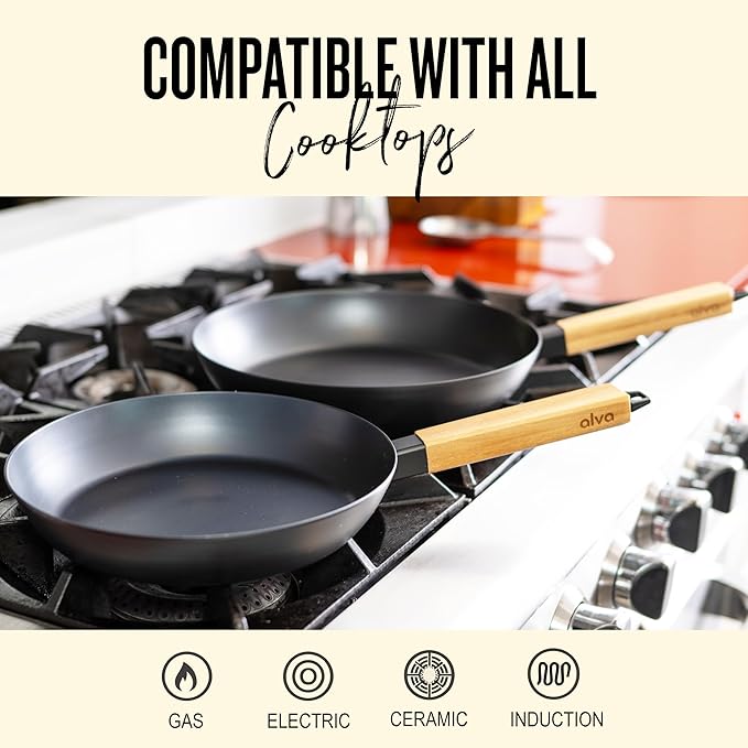 Alva Forest 4-Piece Carbon Steel Frying Pan Set – Naturally Nonstick, Pre-Seasoned, with Acacia Wood Handle, Made Without PTFE, PFOA, PFAS – Sustainable Belgian Design, Induction & All-Stovetop Safe