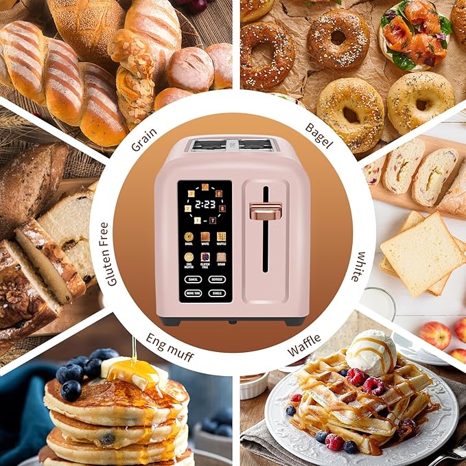 SEEDEEM Toaster 2 Slice, Touch Control Stainless Toaster LCD Display, 50% Faster Heating Speed, 1.4'' Wide Slots, More Timer Functions, Removable Crumb Tray, 1350W, Crystal Pink