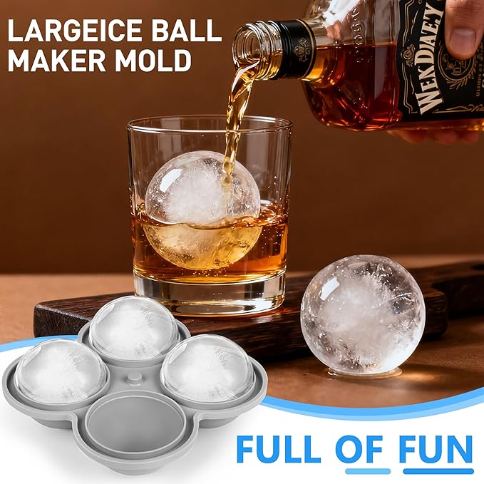 Ice ball maker mold For Whiskey And Cocktails ，2.5inch Round ice cube mold with Lids Easy Release Silicone Sphere Ice Cube Tray Perfect For Chilling Beverages Drinks And Bourbon 2PCS/8 Ice balls