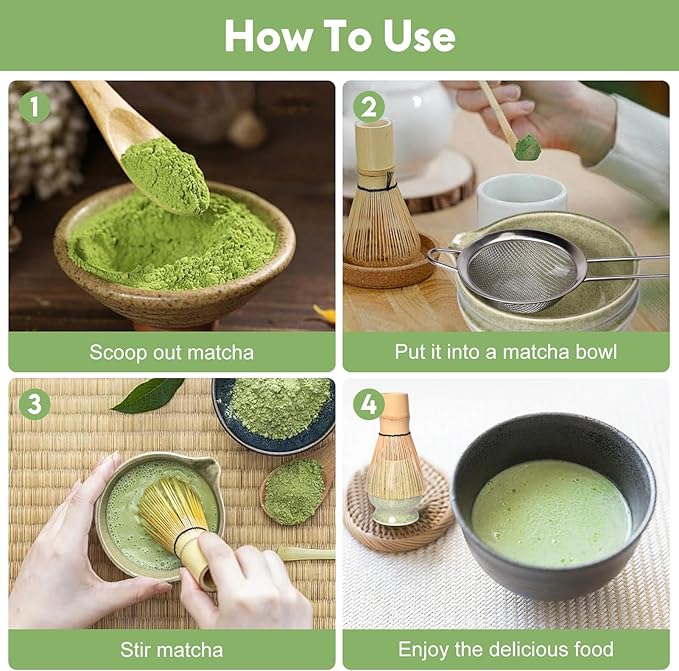7 Pcs Matcha Whisk Set,Chasen Whisk,Matcha Bowl with Spout,Whisk Holder,Stainless Steel Sifter,Spoon,Scoop,Gift for Matcha Lovers