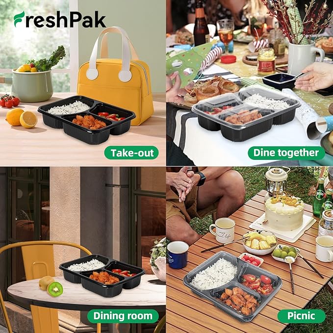 Food Containers Reusable 40 Pack 38oz - Shrink Wrap Leakproof | Portion Control Leftover Plastic Container with Lid | BPA Free Freezer & Microwave Safe Meal Prep | 3 Compartment Takeout Boxes