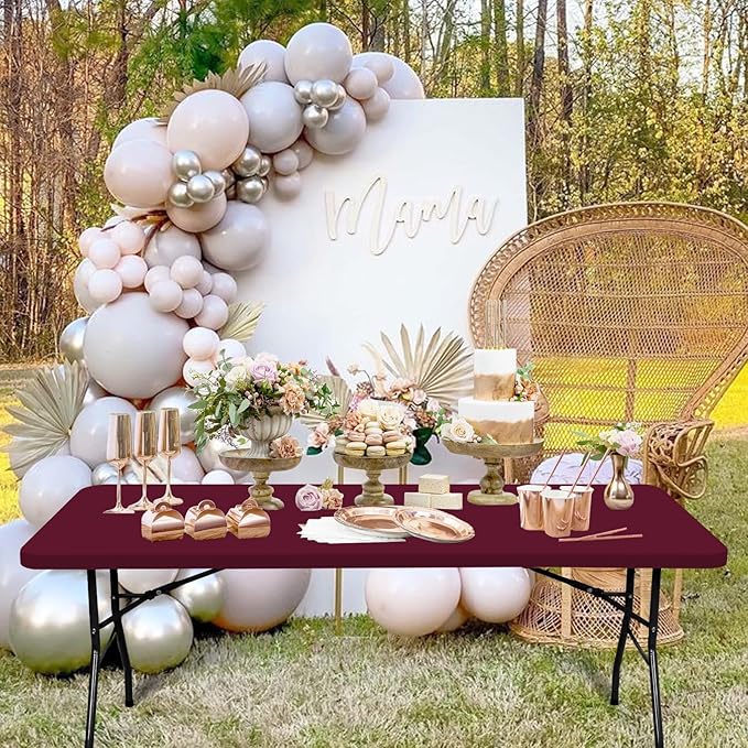 6 Pack Stretch Fabric Table Top Cap Cover, fits 6' Tables, Spandex Table Covers Washable Elastic Rectangle Tablecloth Protector for Indoor Outdoor Party Picnic Wedding, Wine Red, 30" W x 72" L
