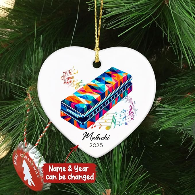 Harmonica Xmas Ceramic Ornaments 2025, Personalized Name & Year Harmonica Musical Ornament Gifts for Music Lovers, Instrumentalist Christmas Ceramic Ornaments Tree, Custom Musician Keepsake Ornament