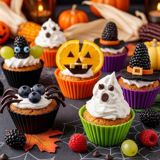 24 Pack Reusable Silicone Cupcake Baking Cups, 2.96 inch Multicolor Cups, Non-stick Muffin Liners for Weddings, Birthday, Party Halloween Christmas