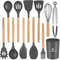 Silicone Cooking Utensils Set, Premium Beech Wood Handle Kitchen Gadgets Utensil Set, Non-Stick Kitchen Utensils Spatula, Tongs, Turner, Whisk, Brush, Spoon, BPA FREE, 446°F Resistant (Dark Gray)