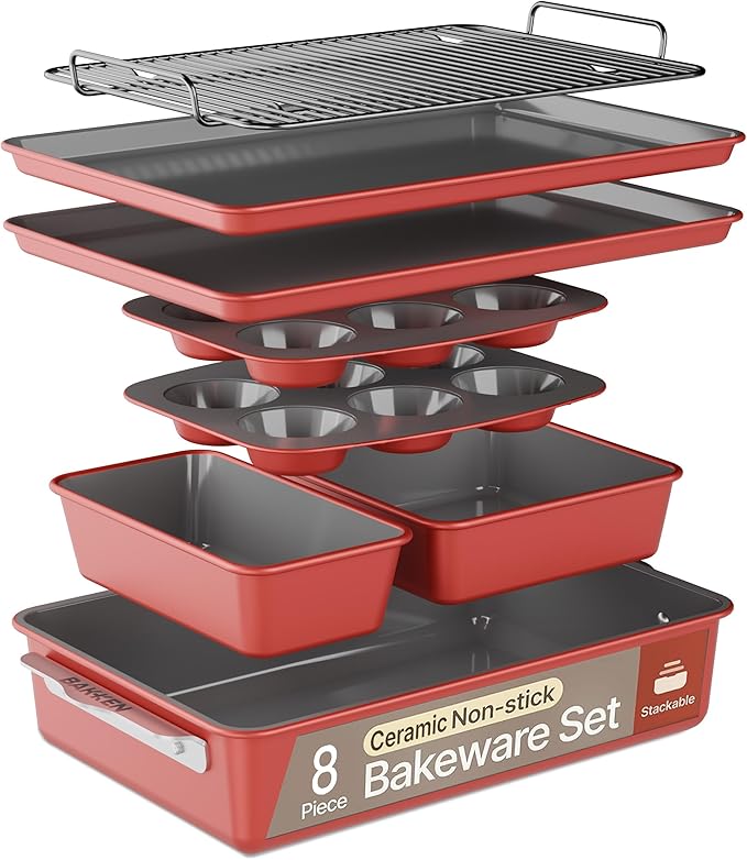 Bakken 8-Piece Ceramic Coated Bakeware Sets, Nonstick Aluminized Steel Pans with Muffin, Loaf, Cake, Roasting Pan, & Cooling Rack, Oven Safe Up To 500°F, Dishwasher Safe, BPA, PTFE & PFAS Free, Pink