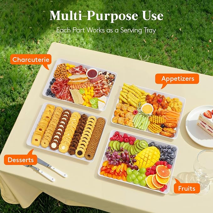 Lifewit Plastic Serving Tray for Party Supplies, White Trays for Serving Food, Reusable Large Platter for Buffet, Fruit, Dessert, Snack, Veggie, Kitchen and Outdoor Use, Rectangle, 14" x 10", 6 Pcs