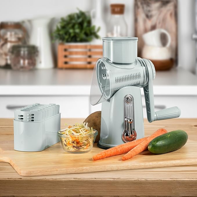 5 in 1 Rotary Cheese Grater with Handle – Stainless Steel Blades, Vegetable Slicer, Shredder, Carrot & Cabbage Grater, Nut Grinder, Easy to Clean Kitchen Gadget (Light Grey)