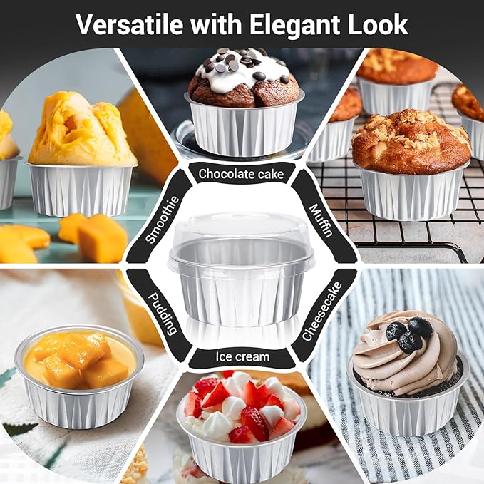 EUSOAR Foil Ramekins with Lids, 5oz 100pcs Aluminum Foil Cupcake Liners, Muffin Liners Cups with Lids, Cupcake Baking Cups Holders Cases Boxes Pans