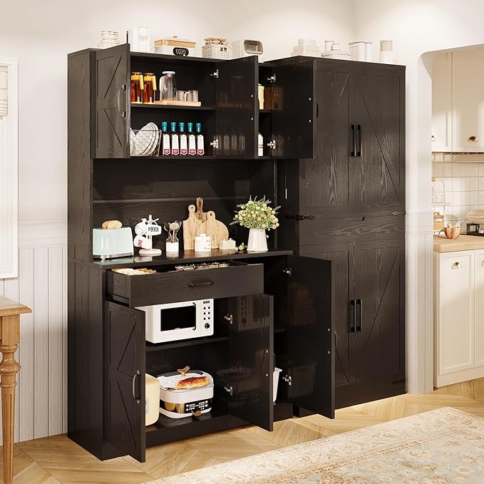 71" Kitchen Pantry Cabinet with Charging Station, Buffet Sideboard for Coffee Maker & Toaster, Storage Cabinet for Snacks, Spices & Wine, Fits Kitchen, Dining Room & Coffee Bar，Black wood grain