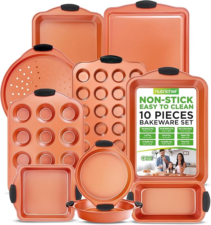 NutriChef 10-Piece Nonstick Baking Pans Set – Bakeware Sets for Cookies, Cakes, & Roasting - Bakeware Includes Cookie Sheet, Muffin Pan, Cake Pan, & Pizza Pans