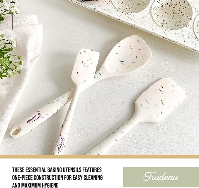 Trudeau Confetti Silicone Utensil Set – 11" Spatula, 11" Spoonula & 8" Small – Reinforced hybrid flexible silicone, BPA-free, heat resistant to 428°F, ergonomic & dishwasher safe.