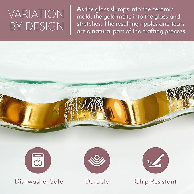Annieglass Ruffle 10.75 x 13.5 Inch Rectangular Bowl with 24k Gold, Timeless Glass Tableware for all Occasions, Made in the USA