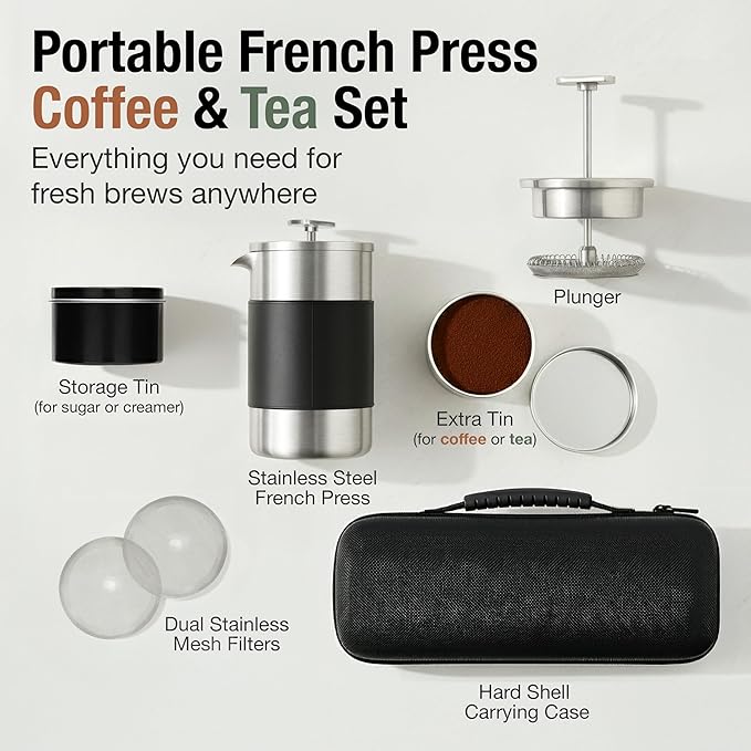 Camping French Press Coffee Maker Set - 12 oz | Portable Travel French Press Coffee Maker | Double Wall Insulated with Dual Stainless Filters & 2 Steel Canisters for Grounds, Tea, Creamer & Sugar