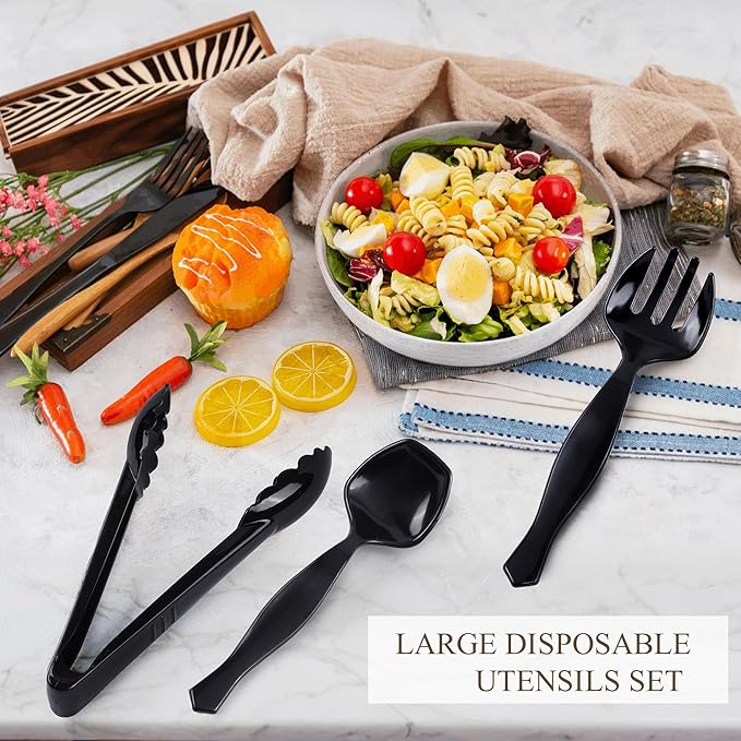 72 Pcs Plastic Serving Utensils Set 9'' Large Disposable Serving Spoons Forks and Tongs for Serving Food Heavy Duty Black Party Utensils Supplies for Buffet Restaurant Picnic Dinner Salad Noodles Soup
