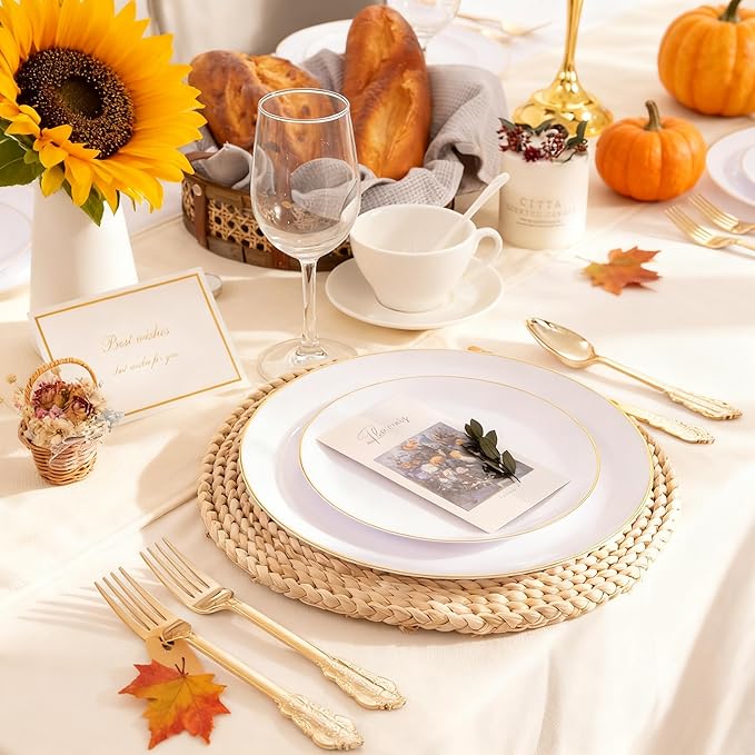 KIRE 100PCS Disposable Plates - White with Gold Rim for Thanksgiving Party/Wedding - Includes 50Pieces 10.25inch Dinner and 50Pieces 7.5inch Dessert/Salad Plates