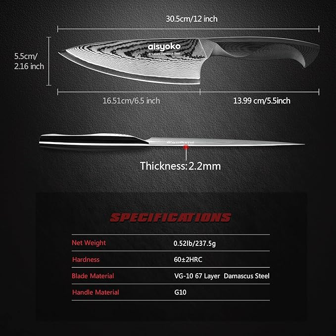 Damascus 6.5" Chef Knife Sharp Kitchen Knife Japan VG-10 Stainless Steel Carbon Ultra Sharp Kitchen Cooking Knife, Ergonomic G10 Handle Deluxe Gift Box