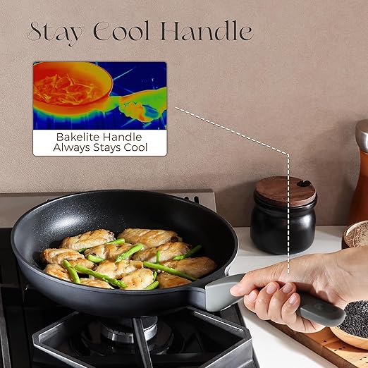 PRICUSIS Nonstick Frying Pan, 8/10/12 Inch Skillet with Stay Cool Handle, Fully Coated, Induction Compatible & Oven Safe, 100% Dishwasher Safe, PTFE & PFOA Free（10 Inch, Black Sesame）