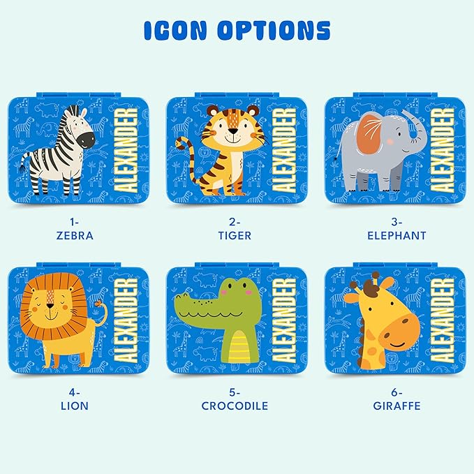 Personalized Bento Box for Kids with Safari Icon and Name - Royal Blue - 5 Compartments Drop-Proof Bento Box, Dishwasher Safe, Made with BPA-Free Materials, Bento Lunch Box for Kids and Toddlers