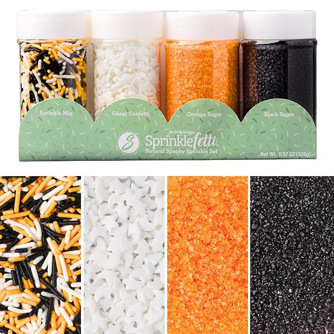 Sweets Indeed Dye-Free Halloween Sprinkles 4-Pack – 11.57 oz Natural Spooky Decorating Set | Sprinkle Mix, Ghost Confetti, Orange Sugar & Black Sugar | Edible Dye-Free Cake & Cupcake Decorations