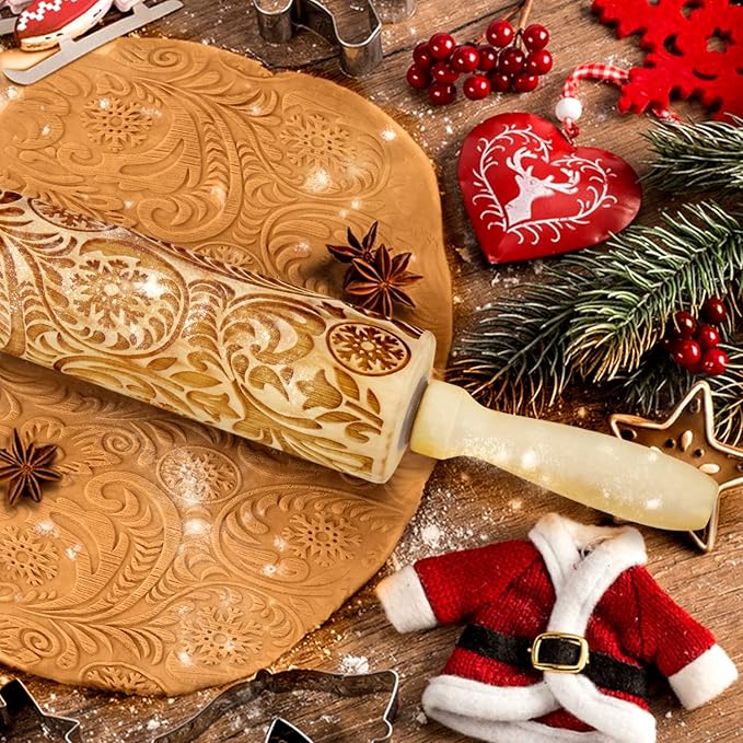 Christmas Gifts Wooden Embossed Rolling Pin for Baking, Stocking Stuffers Gifts for Women, Deep Engraved Embossing Rolling Pins with Snow Pattern Designs for Baking Cookies Stamps Roller DIY Tools