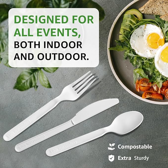 450 Counts Compostable Forks Spoons Knives Set Disposable Forks Utensils Heavy Duty Knives Silverware Eco Friendly Flatware for Party Camping Picnics White forks spoons and knives set