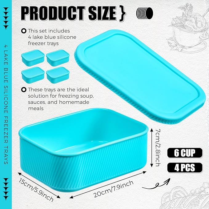 Nuogo 4 Pcs 6 Cup Silicone Freezer Trays with Lid Soup Containers Reusable Freezer Silicone Molds Rectangle Containers Ice Trays for Soups Sauces Stews Curries, Lake Blue