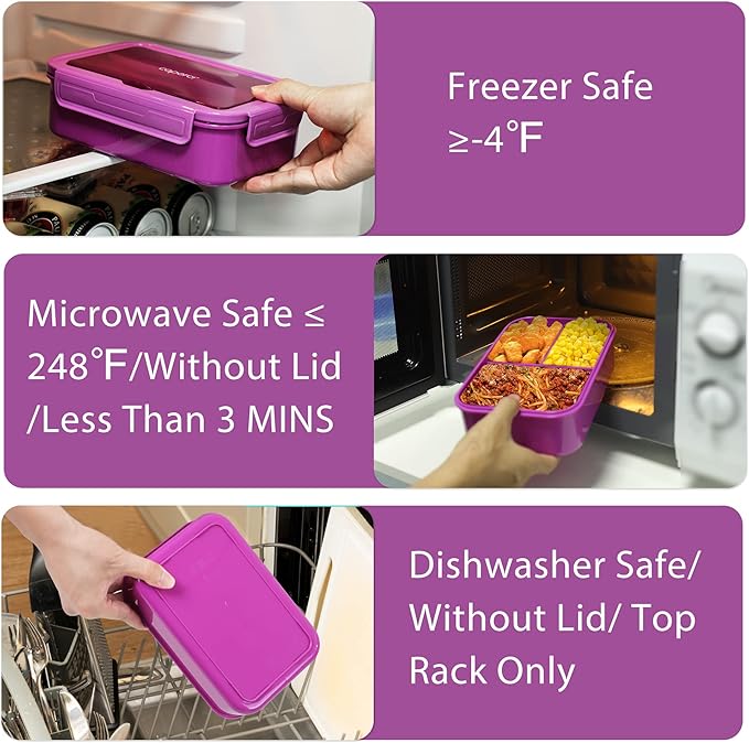 Caperci Classic Bento Lunch Box for Adult & Older Kids - Leakpoof 47 oz 3-Compartment Lunch Containers for Adults and Teens, Built-in Utensil Set, Ideal for On-the-Go, Purple