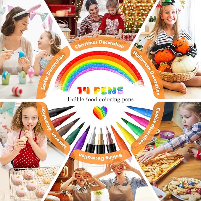Jewem Edible Markers for Cookie Decorating,14 Pcs Ultra Fine Tip(0.5mm) Food Coloring Pens, Upgrade Double Side Food Grade Pens for Decorating Fondant Cakes, Easter Eggs, Frosting, Macaron,Halloween and Christmas Gifts