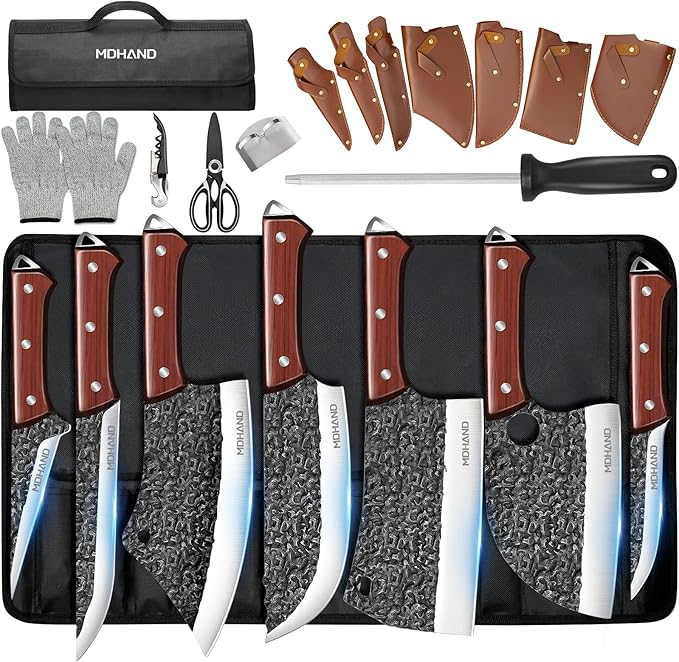 MDHAND 14PCS Butcher Knife Set, Hand Forged Butcher Chef Knife Set with Roll Bag, Sharp Meat Cleaver Knife & Bone Chopper Knives & Fillet Knives for Home & Camping & BBQ Gift for Men