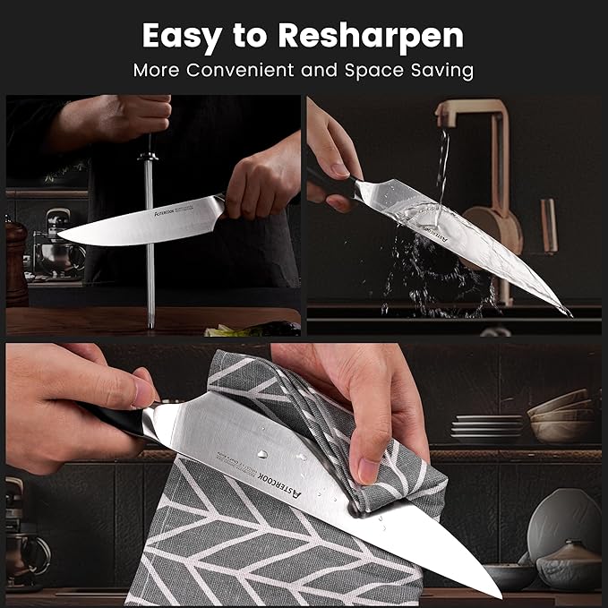 Astercook Kitchen Knife Set, 15 Piece Knife Block Sets with German 1.4116 Steel Sharper and Rust Proof, Full Tang Knives Set with Ergonomic Nylon Handle, Dishwasher Safe Black